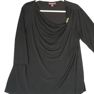 Dana Buchman Tunic Blouse Womens XL Black Draped Neckline Gold Detail Stretch